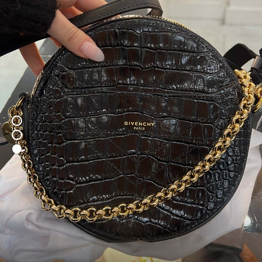 LIKE NEW Givenchy pre loved croc embossed round leather bag. Black leather GHW